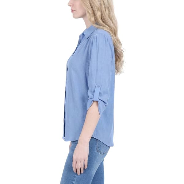Petite NY Collection 3/4 Roll Tab Sleeve Woven Button Down Blouse