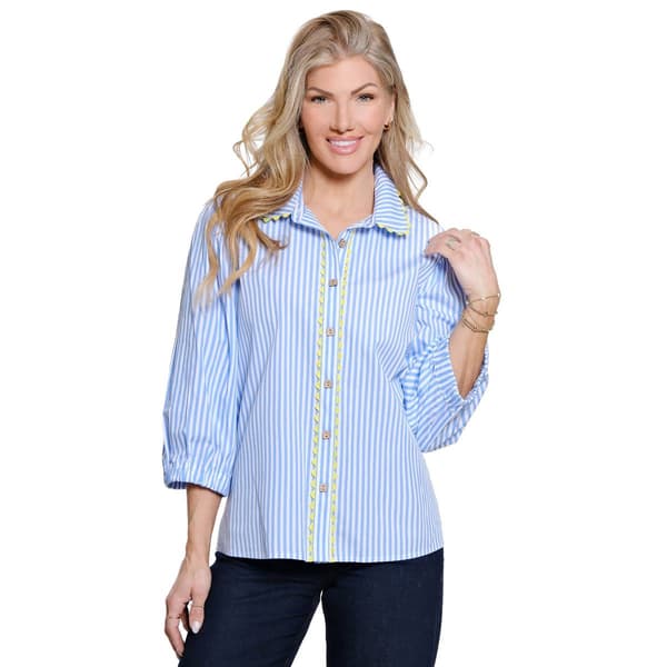 Womens Ali Miles 3/4 Puff Sleeve Ric Rac Trim Striped Blouse