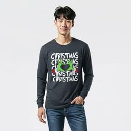 Young Mens Grinch Christmas Heart Long Sleeve Graphic Tee