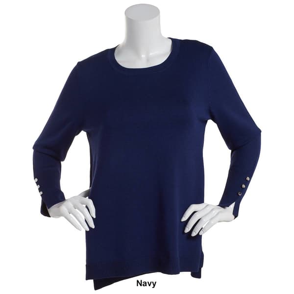 Plus Size Retrology Crew Neck Button Sleeve Side Slit Sweater