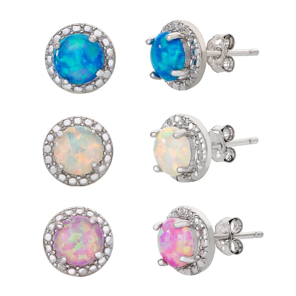 Set of 3 Sterling Silver & Multi Color Opal Stud Earrings - image 