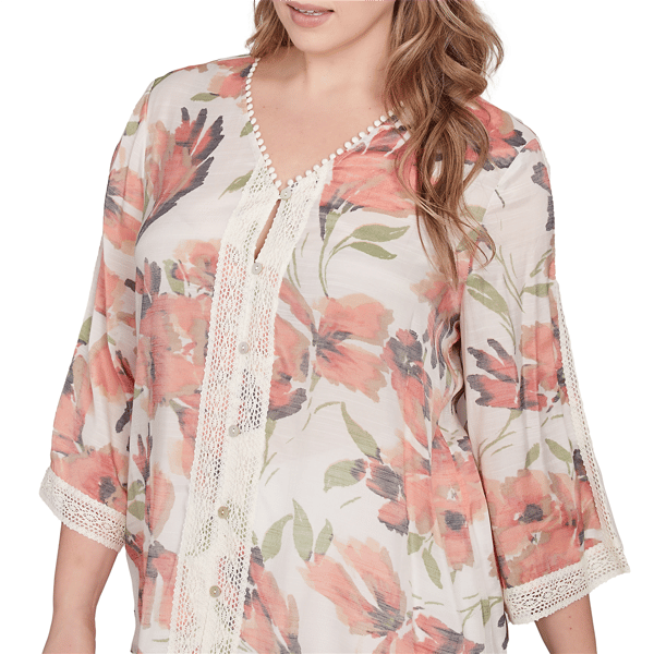 Plus Size Skye''s The Limit Spring Romance Floral Lace Trim Blouse