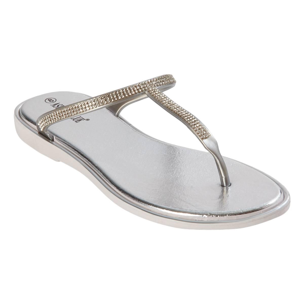 Womens Ashley Blue T-Strap Flip Flops w/Rhinestones