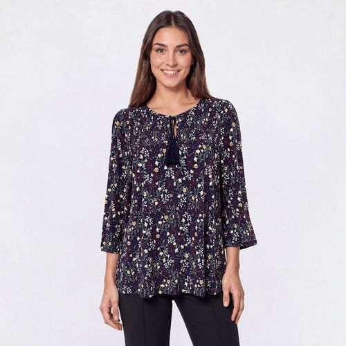 Petite Preswick & Moore(R) 3/4 Sleeve Floral Keyhole Neck Blouse - image 