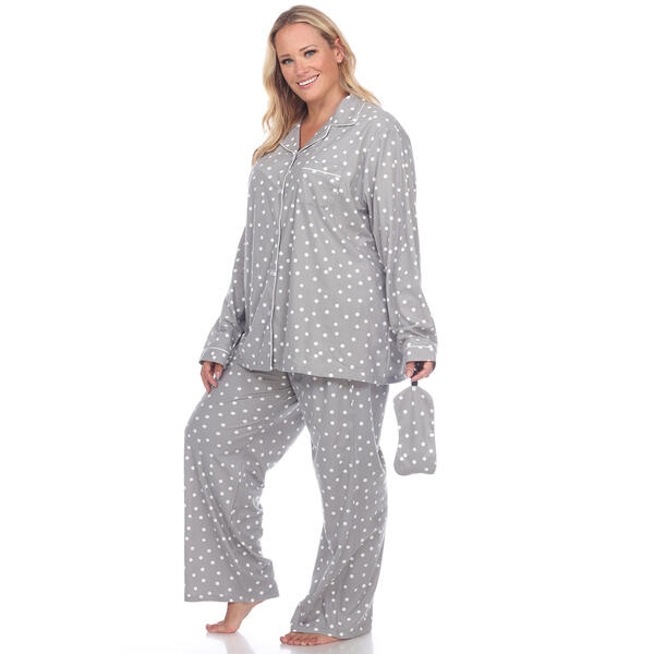 Plus Size White Mark Dotted Long Sleeve 3pc. Pajama Set