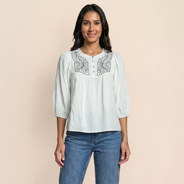 Womens Nanette Lepore 3/4 Balloon Sleeve Linen Embroidered Blouse - image 