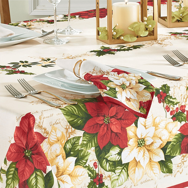 Threadmade Red & White Poinsettias Tablecloth