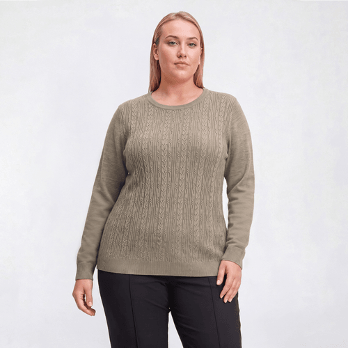 Plus Size Napa Valley Long Sleeve Cable Knit Front Sweater