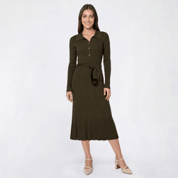 Womens Kathy Ireland Long Sleeve Solid Ribbed Self Belt Dress