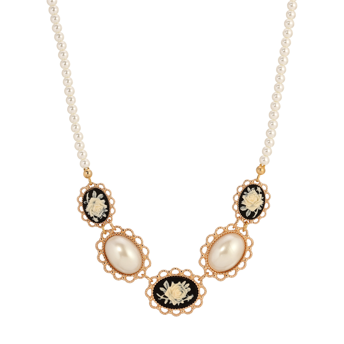 1928 Jewelry 16in. Black Ivory Flower Cameo Necklace