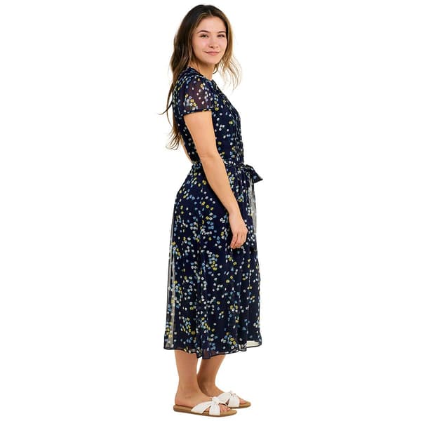 Womens MSK Short Sleeve Chiffon Pintuck Floral Midi Dress