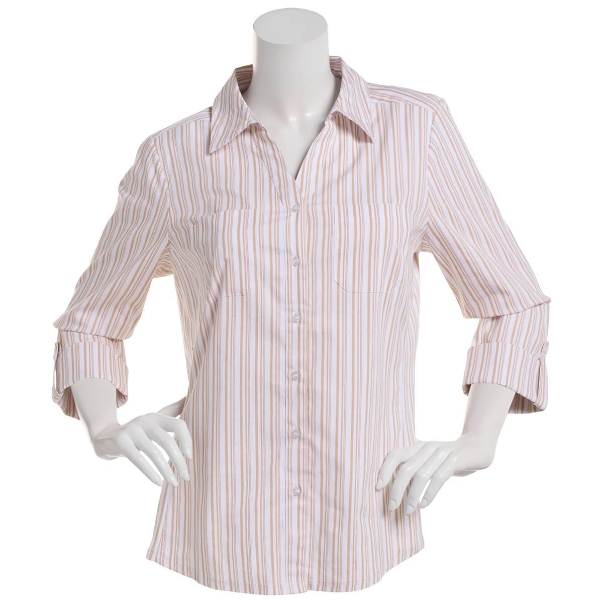 Petite Emily Daniels Knit To Fit Stripe Blouse-White/Tan