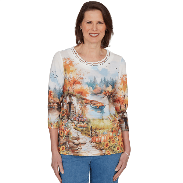 Womens Alfred Dunner Classics Autumn Lake Scene Blouse