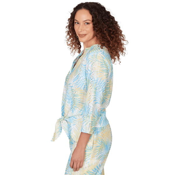 Petite Hearts of Palm Aqua Fresh 3/4 Sleeve Tropical Blouse