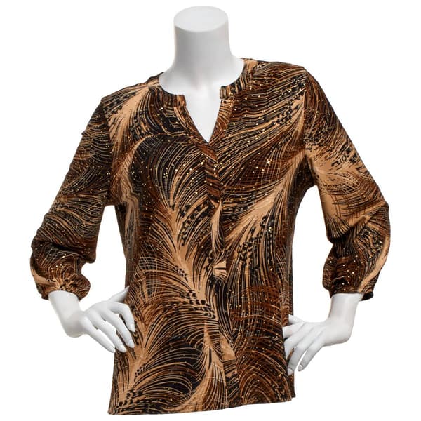 Plus Size Emily Daniels 3/4 Sleeve Foil Feather Split Neck Blouse