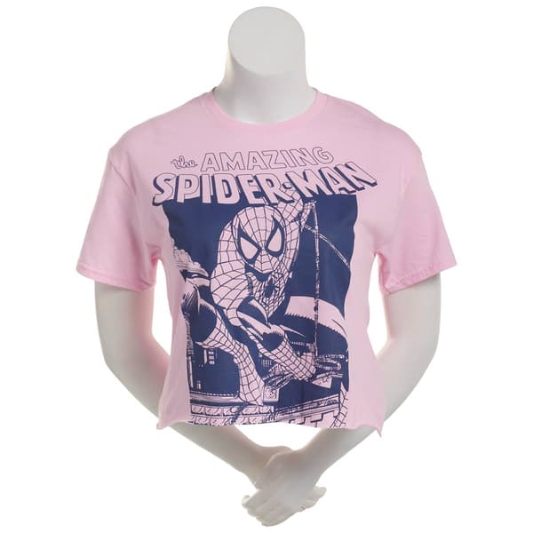 Juniors Freeze Short Sleeve Spider-Man Crop Cropped Graphic Tee