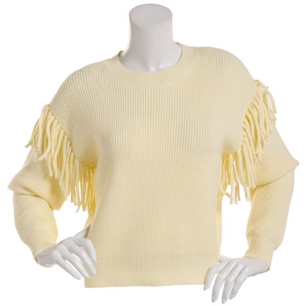 Womens Nicole Miller Long Sleeve Crew Neck Solid Sweater w/Fringe - image 