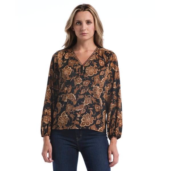 Womens Rafaella(R) Paisley O-Trim V-Neck Puff Sleeve Blouse