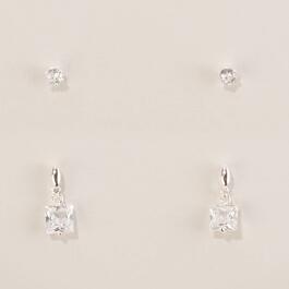 Design Collection CZ Square Post Drop & Round Stud Earrings