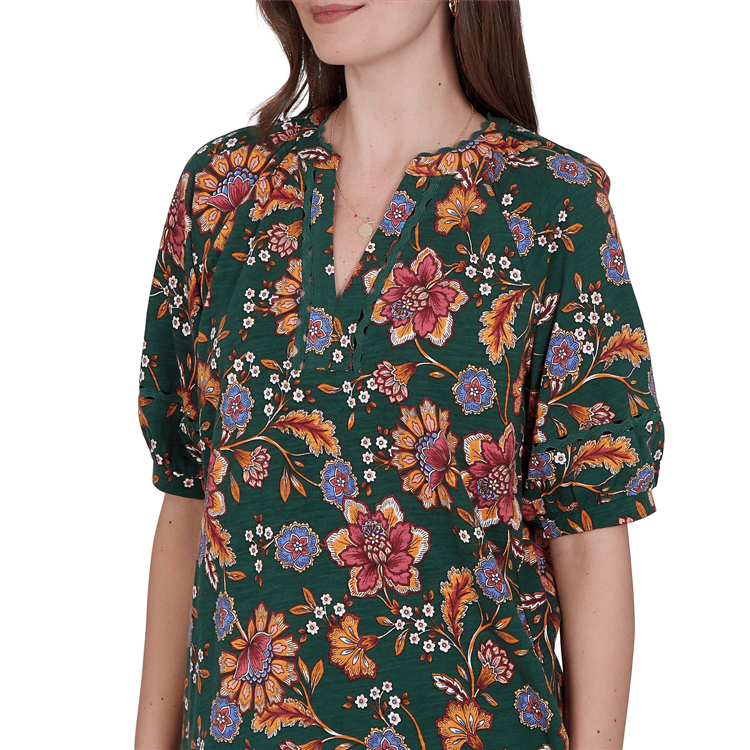 Womens Ruby Rd. Game of Luxe Elbow Sleeve Floral Vines Blouse