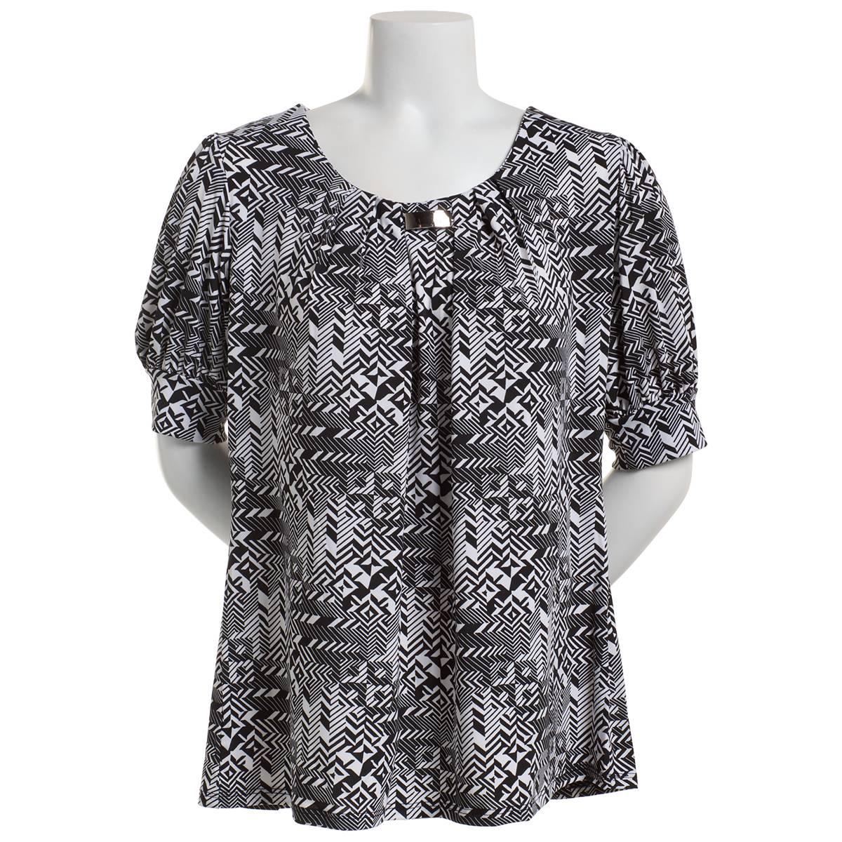 Petite Notations Short Sleeve Bar Neck Geometric Blouse
