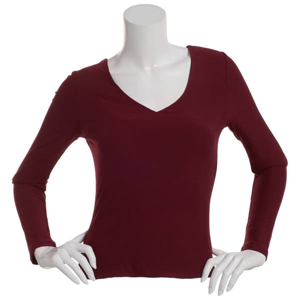 Juniors Derek Heart Long Sleeve Double Layer Deep V-Neck Tee - image 