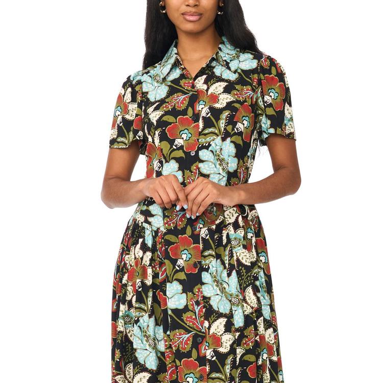 Womens Cece Short Sleeve Floral Challis Midi Shirtdress