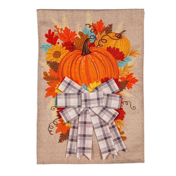 Evergreen Pumpkin and Bow Garden Burlap Flag - image 