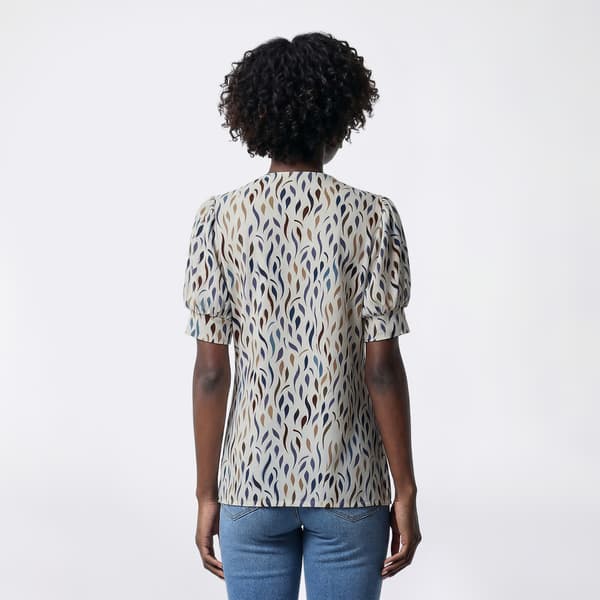 Womens Notations Short Puff Sleeve Abstract Leaf Bar Neck Blouse