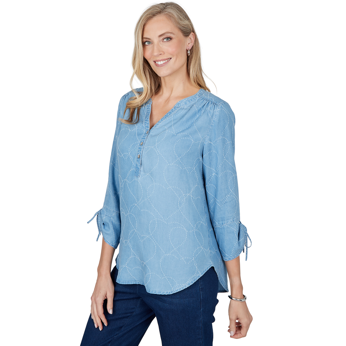 Petite Alfred Dunner Ann Arbor Embroidered Heart Henley Blouse
