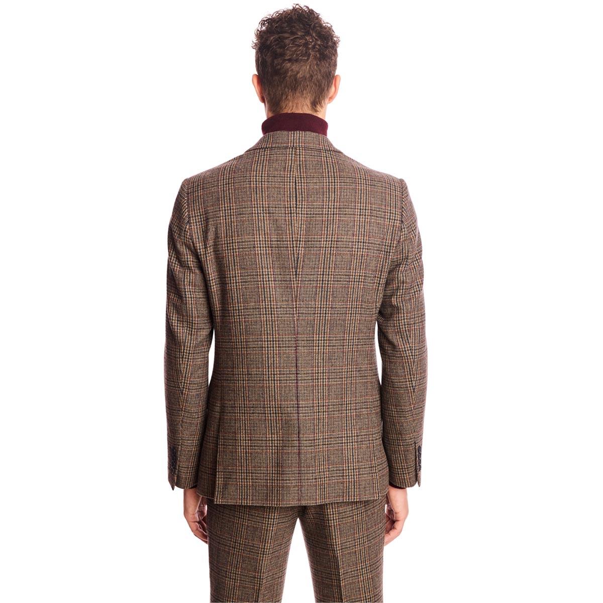 Mens Paisley & Gray Plaid Peak Suit Jacket - Teal/Brown