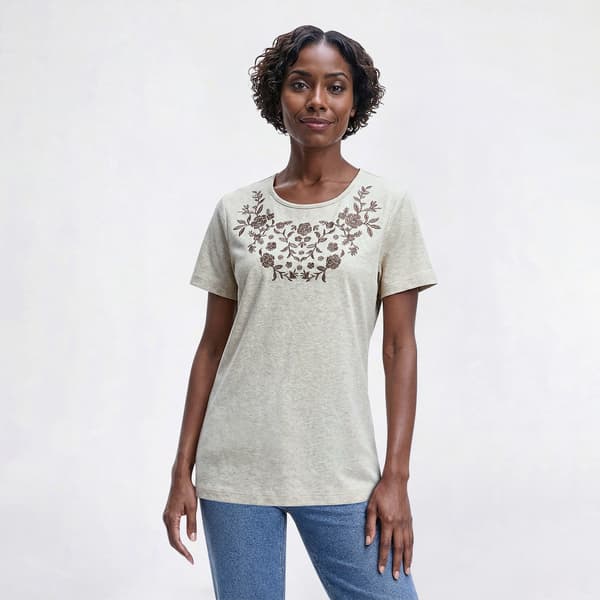 Womens Bonnie Evans Neutral Tonal Floral Embroidery Tee - image 