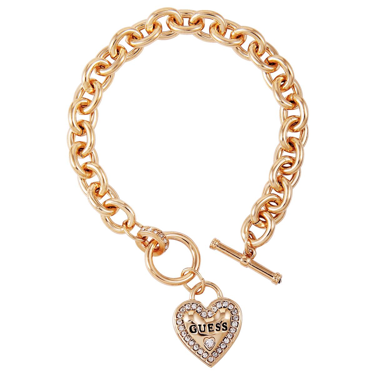 GUESS Gold IG Crystal Heart Logo Charm Bracelet