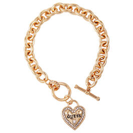 Guess Gold IG Crystal Heart Logo Charm Bracelet
