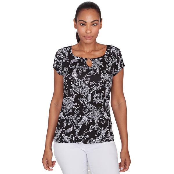 Petite Emaline Key Items Short Sleeve Paisley Tee with Ring Front - image 