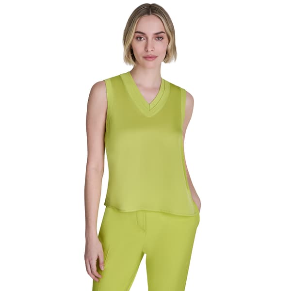 Womens DKNY Cap Sleeve Pleated V Neck Solid Blouse