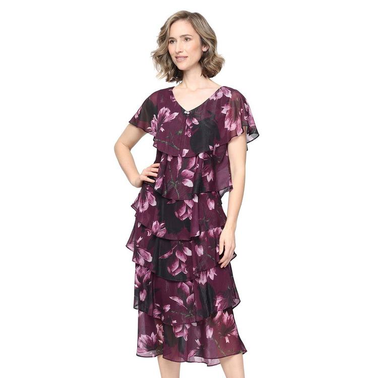 Womens SLNY Print Tea Length Tier Dress