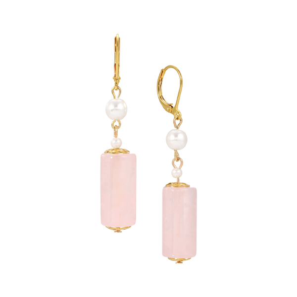 1928 14kt. Gold-Tone Faux Pearl & Rose Quartz Drop Earrings - image 
