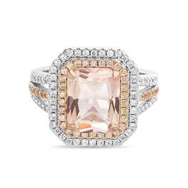 Rhodium Plated Emerald Cut Rose Center Stone & CZ Accents Ring