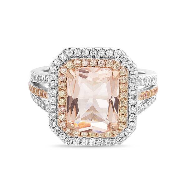 Rhodium Plated Emerald Cut Rose Center Stone & CZ Accents Ring - image 