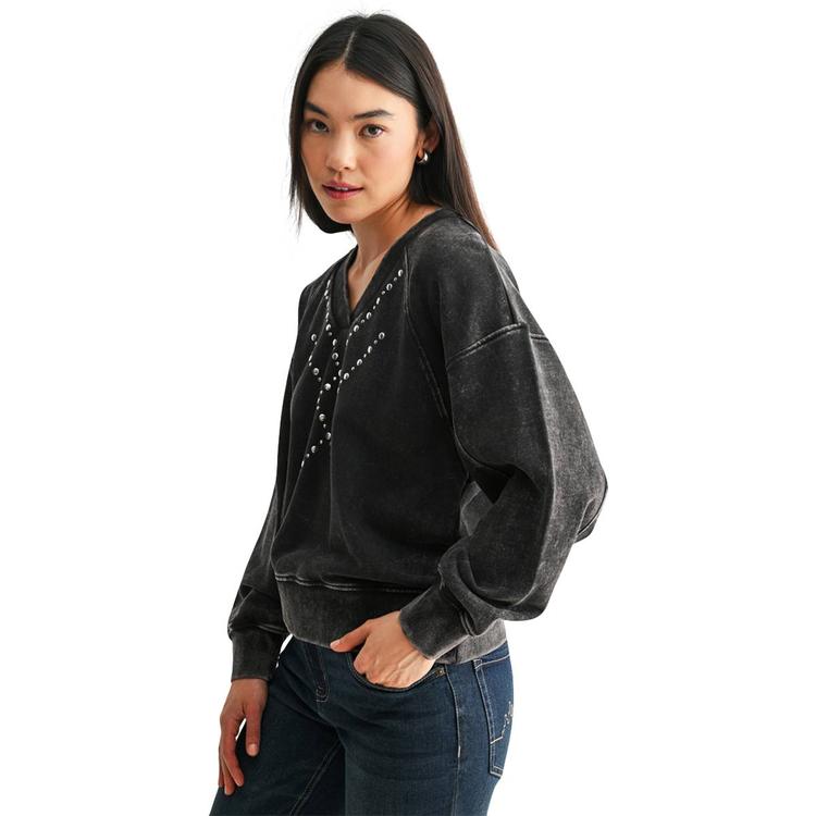 Womens CITY BLUES Long Sleeve V-Neck Acid Wash Sweatshirt