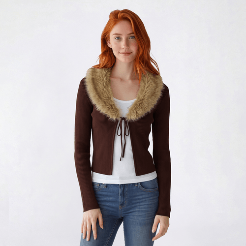 Juniors A. Byer Long Sleeve Fur Collar Tie Front Sweater Cardigan