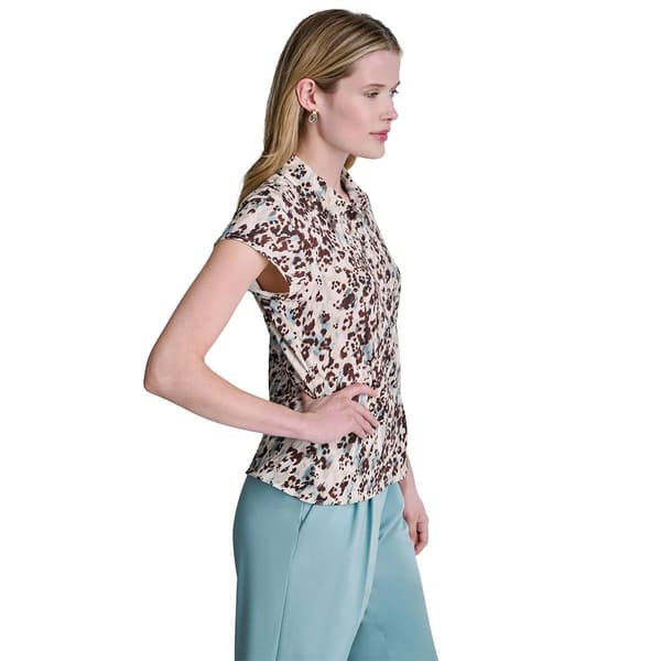Womens DKNY Short Sleeve Camo Floral Button Down Blouse