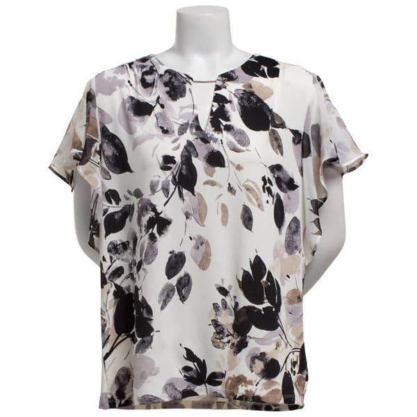 Womens Sara Michelle Short Flutter Sleeve Floral Hardware Blouse