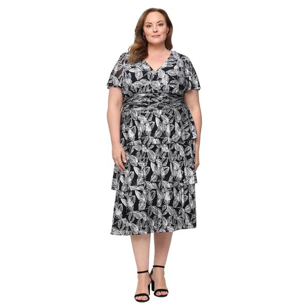 Plus Size SLNY Flutter Sleeve Foil Print Tier Midi - image 