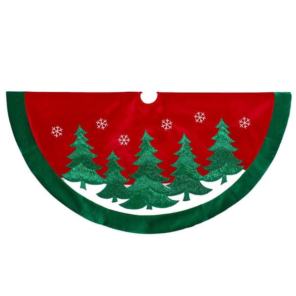 Kurt S. Adler 48in. Red Velvet w/ Green Trees Tree Skirt - image 