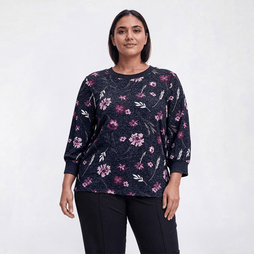 Plus Size Bonnie 3/4 Sleeve Fall Floral Leaves Hacci Sweater - image 