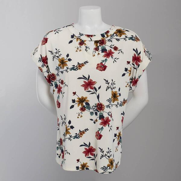 Womens Cure Short Sleeve Keyhole Crepe Top - Ivory/Floral - image 