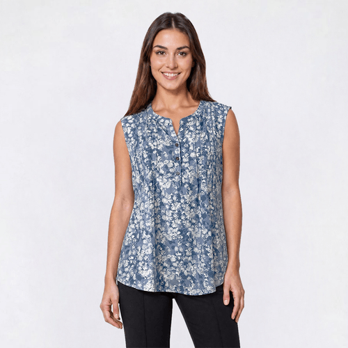 Petite Napa Valley Sleeveless Floral Leaf Pleat Henley Blouse - image 
