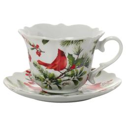 Home Essentials 8 Oz Chintz Teacup-Saucer with Cardinals